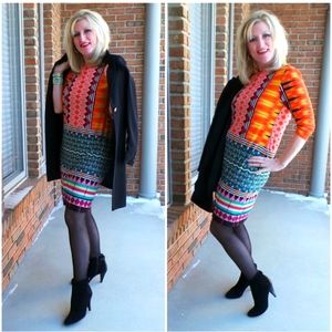 Vtg Monroe Main Aztec Southwest Fall Geometric Midi Dress Sheath Stretchy Large